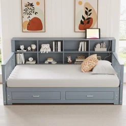 Redom Lit canapé extensible bois massif 90 180 par 190 cm rangement prise deux tiroirs sommier multifonction pin gris 1 Outlet