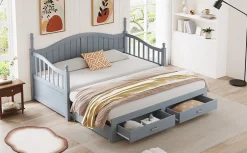 Redom Lit canapé extensible pin 90 190 par 180 190 colonnes dossier accoudoirs tiroirs sommier multifonction gris