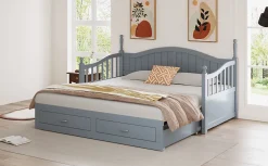 Redom Lit canapé extensible pin 90 190 par 180 190 colonnes dossier accoudoirs tiroirs sommier multifonction gris