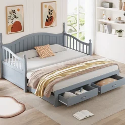 Redom Lit canapé extensible pin 90 190 par 180 190 colonnes dossier accoudoirs tiroirs sommier multifonction gris