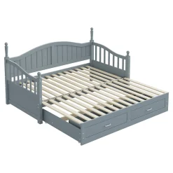 Redom Lit canapé extensible pin 90 190 par 180 190 colonnes dossier accoudoirs tiroirs sommier multifonction gris
