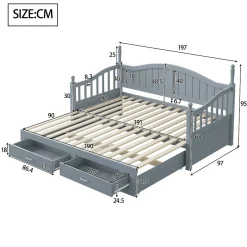 Redom Lit canapé extensible pin 90 190 par 180 190 colonnes dossier accoudoirs tiroirs sommier multifonction gris
