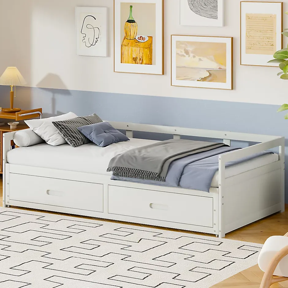 Redom Lit canapé extensible quatre vingt dix cent quatre vingt par deux cents bois de pin avec tiroirs sommier rangement blanc Hot
