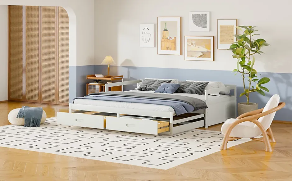 Redom Lit canapé extensible quatre vingt dix cent quatre vingt par deux cents bois de pin avec tiroirs sommier rangement blanc Hot