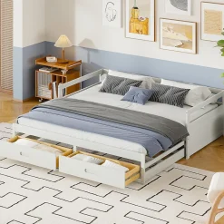 Redom Lit canapé extensible quatre vingt dix cent quatre vingt par deux cents bois de pin avec tiroirs sommier rangement blanc Hot
