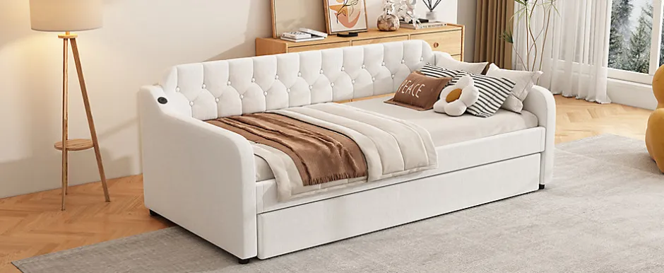 Enfant Fortuna lai Lit Canapé 90x200cm, Avec Lit Escamotable, USB, Beige