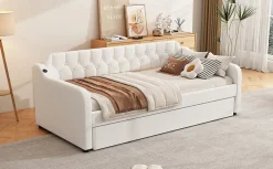 Enfant Fortuna lai Lit Canapé 90x200cm, Avec Lit Escamotable, USB, Beige