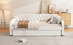 Enfant Fortuna lai Lit Canapé 90x200cm, Avec Lit Escamotable, USB, Beige