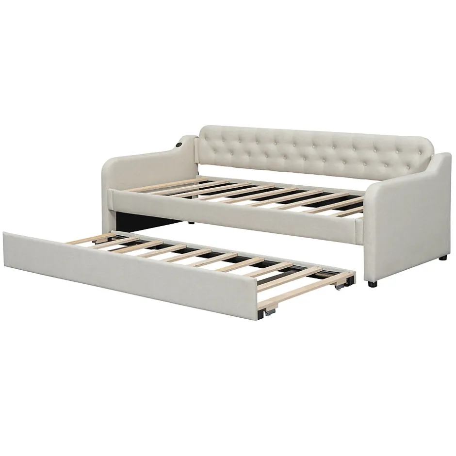 Enfant Fortuna lai Lit Canapé 90x200cm, Avec Lit Escamotable, USB, Beige