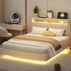 Redom Lit capitonné 140 sur 200 cm avec port USB lumière LED tête de lit réversible tissu en lin beige pour adulte Discount