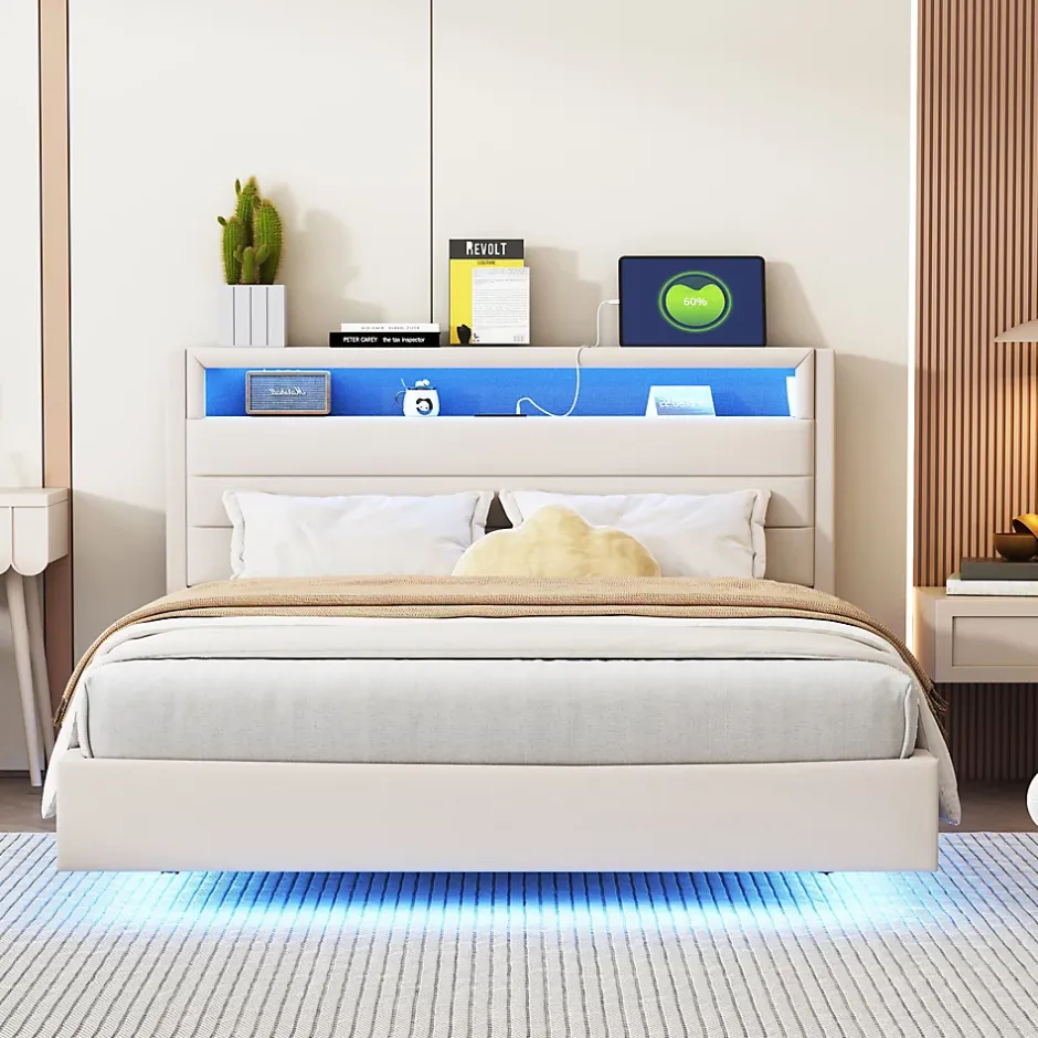 Redom Lit capitonné 140 sur 200 cm avec port USB lumière LED tête de lit réversible tissu en lin beige pour adulte Discount