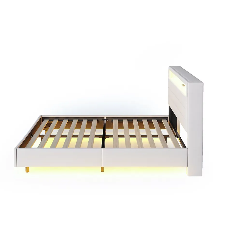 Redom Lit capitonné 140 sur 200 cm avec port USB lumière LED tête de lit réversible tissu en lin beige pour adulte Discount