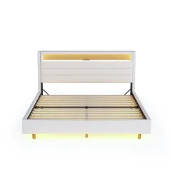Redom Lit capitonné 140 sur 200 cm avec port USB lumière LED tête de lit réversible tissu en lin beige pour adulte Discount