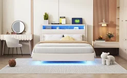 Redom Lit capitonné 140 sur 200 cm avec port USB lumière LED tête de lit réversible tissu en lin beige pour adulte Discount