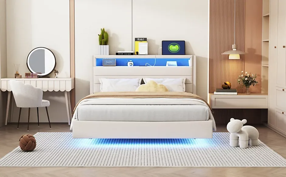 Redom Lit capitonné 140 sur 200 cm avec port USB lumière LED tête de lit réversible tissu en lin beige pour adulte Discount