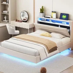 Redom Lit capitonné 140 sur 200 cm avec port USB lumière LED tête de lit réversible tissu en lin beige pour adulte Discount