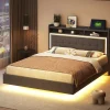Redom Lit capitonné 140 sur 200 cm avec port USB lumière LED tête de lit modulable pieds cachés tissu en lin gris