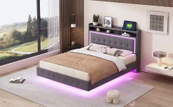 Redom Lit capitonné 140 sur 200 cm avec port USB lumière LED tête de lit modulable pieds cachés tissu en lin gris