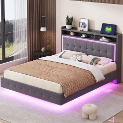 Redom Lit capitonné 140 sur 200 cm avec port USB lumière LED tête de lit modulable pieds cachés tissu en lin gris