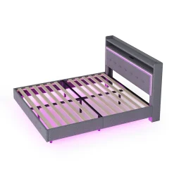 Redom Lit capitonné 140 sur 200 cm avec port USB lumière LED tête de lit modulable pieds cachés tissu en lin gris