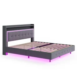 Redom Lit capitonné 140 sur 200 cm avec port USB lumière LED tête de lit modulable pieds cachés tissu en lin gris