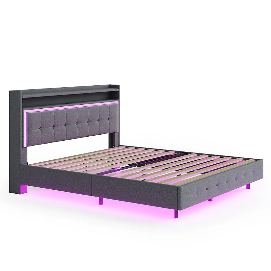 Redom Lit capitonné 140 sur 200 cm avec port USB lumière LED tête de lit modulable pieds cachés tissu en lin gris
