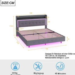 Redom Lit capitonné 140 sur 200 cm avec port USB lumière LED tête de lit modulable pieds cachés tissu en lin gris
