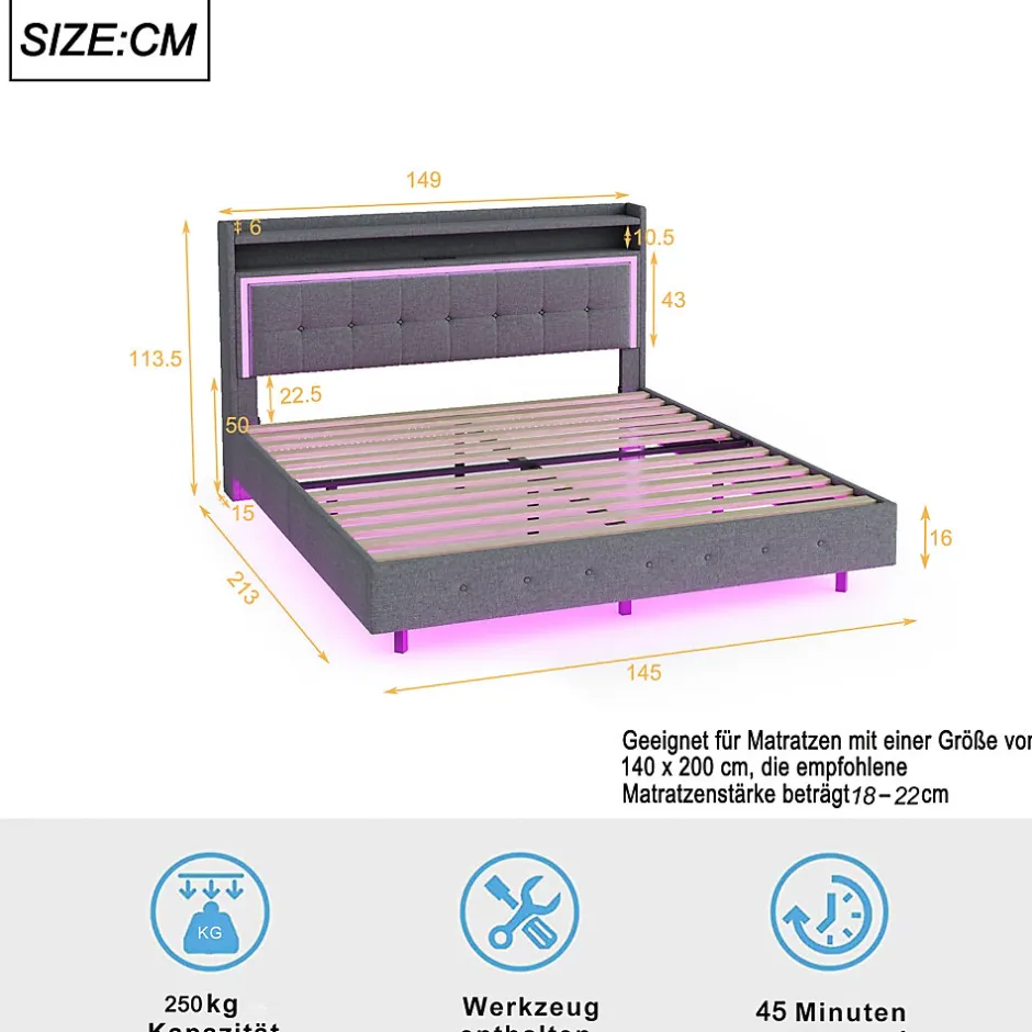 Redom Lit capitonné 140 sur 200 cm avec port USB lumière LED tête de lit modulable pieds cachés tissu en lin gris