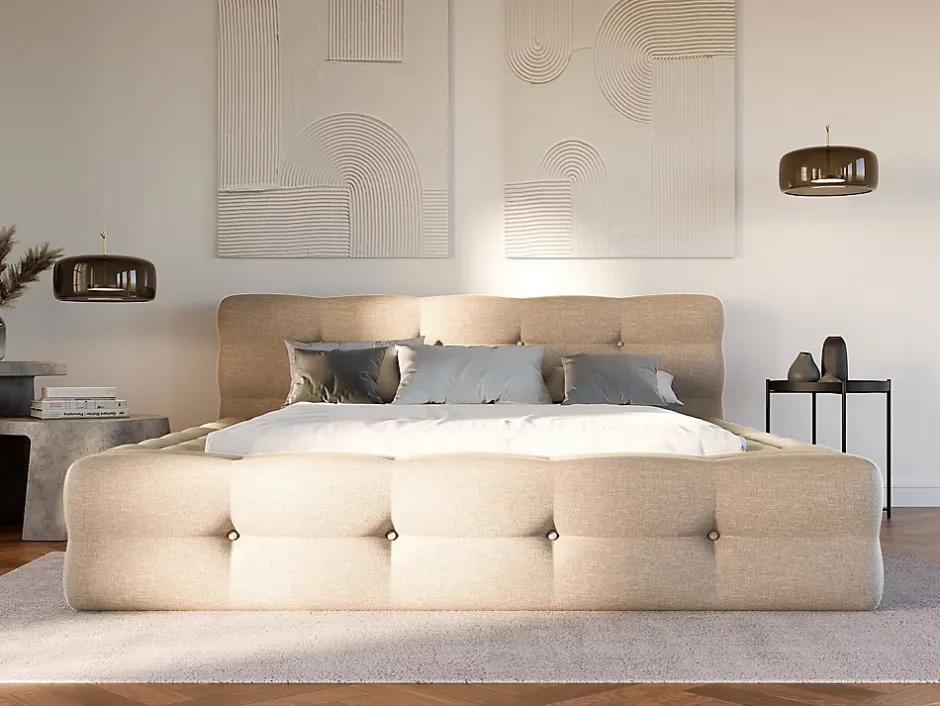 Vente-unique Lit capitonné 140 x 190 cm - Tissu chiné - Beige + Sommier + Matelas - LERUCO New