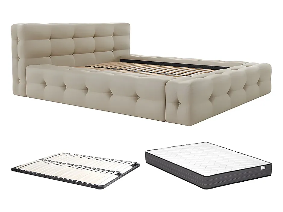 Vente-unique Lit capitonné 140 x 190 cm - Tissu chiné - Beige + Sommier + Matelas - LERUCO New