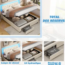 Fortuna lai Lit capitonné, 180 x 200 cm, avec éclairage LED, espace de rangement et sommier à lattes, en cuir synthétique,sans matelas