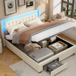 Fortuna lai Lit capitonné, 180 x 200 cm, avec éclairage LED, espace de rangement et sommier à lattes, en cuir synthétique,sans matelas
