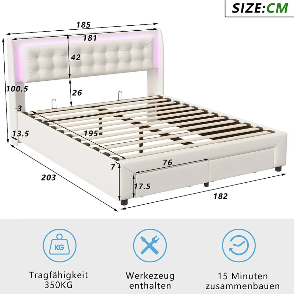 Fortuna lai Lit capitonné, 180 x 200 cm, avec éclairage LED, espace de rangement et sommier à lattes, en cuir synthétique,sans matelas