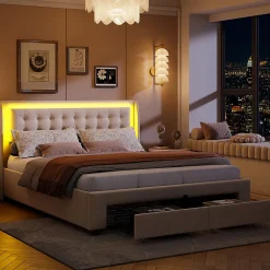 Fortuna lai Lit capitonné, 180 x 200 cm, avec éclairage LED, espace de rangement et sommier à lattes, en cuir synthétique,sans matelas