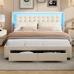 Fortuna lai Lit capitonné, 180 x 200 cm, avec éclairage LED, espace de rangement et sommier à lattes, en cuir synthétique,sans matelas
