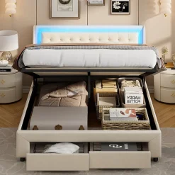 Fortuna lai Lit capitonné, 180 x 200 cm, avec éclairage LED, espace de rangement et sommier à lattes, en cuir synthétique,sans matelas