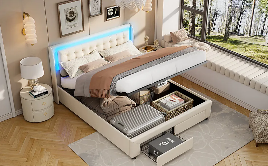 Fortuna lai Lit capitonné, 180 x 200 cm, avec éclairage LED, espace de rangement et sommier à lattes, en cuir synthétique,sans matelas