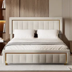 Fortuna lai Lit capitonné, 160 x 200 cm, avec tête de lit et espace de rangement, en velours beige Discount