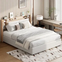 Fortuna lai Lit capitonné, 160 x 200 cm, avec fonction de charge USB de type C, éclairage LED et 4 tiroirs, sommier à lattes en bois Discount