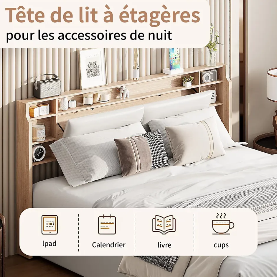 Fortuna lai Lit capitonné, 160 x 200 cm, avec fonction de charge USB de type C, éclairage LED et 4 tiroirs, sommier à lattes en bois Discount