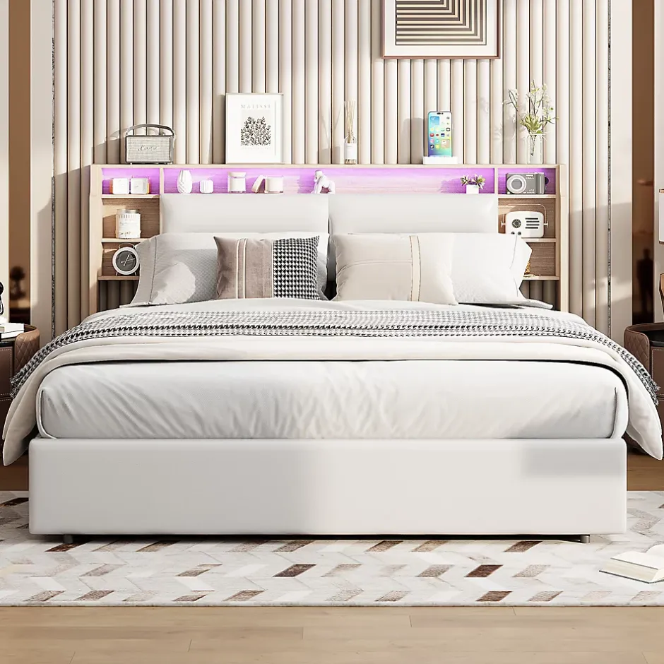 Fortuna lai Lit capitonné, 160 x 200 cm, avec fonction de charge USB de type C, éclairage LED et 4 tiroirs, sommier à lattes en bois Discount