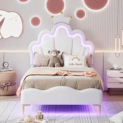 Simple Life Lit Capitonné 90 X 200 Cm,en Forme De Couronne,en Cuir Pu,lit LED Avec Sommier à Lattes,blanc Sale