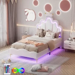 Simple Life Lit Capitonné 90 X 200 Cm,en Forme De Couronne,en Cuir Pu,lit LED Avec Sommier à Lattes,blanc Sale
