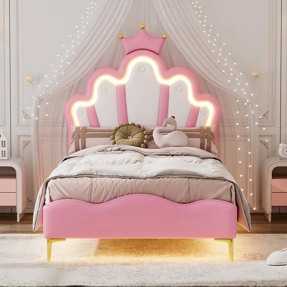 Simple Life Lit Capitonné 90 X 200 Cm,en Forme De Couronne,en Cuir Pu,lit LED Avec Sommier à Lattes,rose