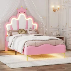 Simple Life Lit Capitonné 90 X 200 Cm,en Forme De Couronne,en Cuir Pu,lit LED Avec Sommier à Lattes,rose