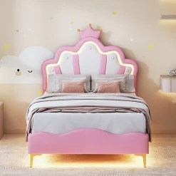 Simple Life Lit Capitonné 90 X 200 Cm,en Forme De Couronne,en Cuir Pu,lit LED Avec Sommier à Lattes,rose