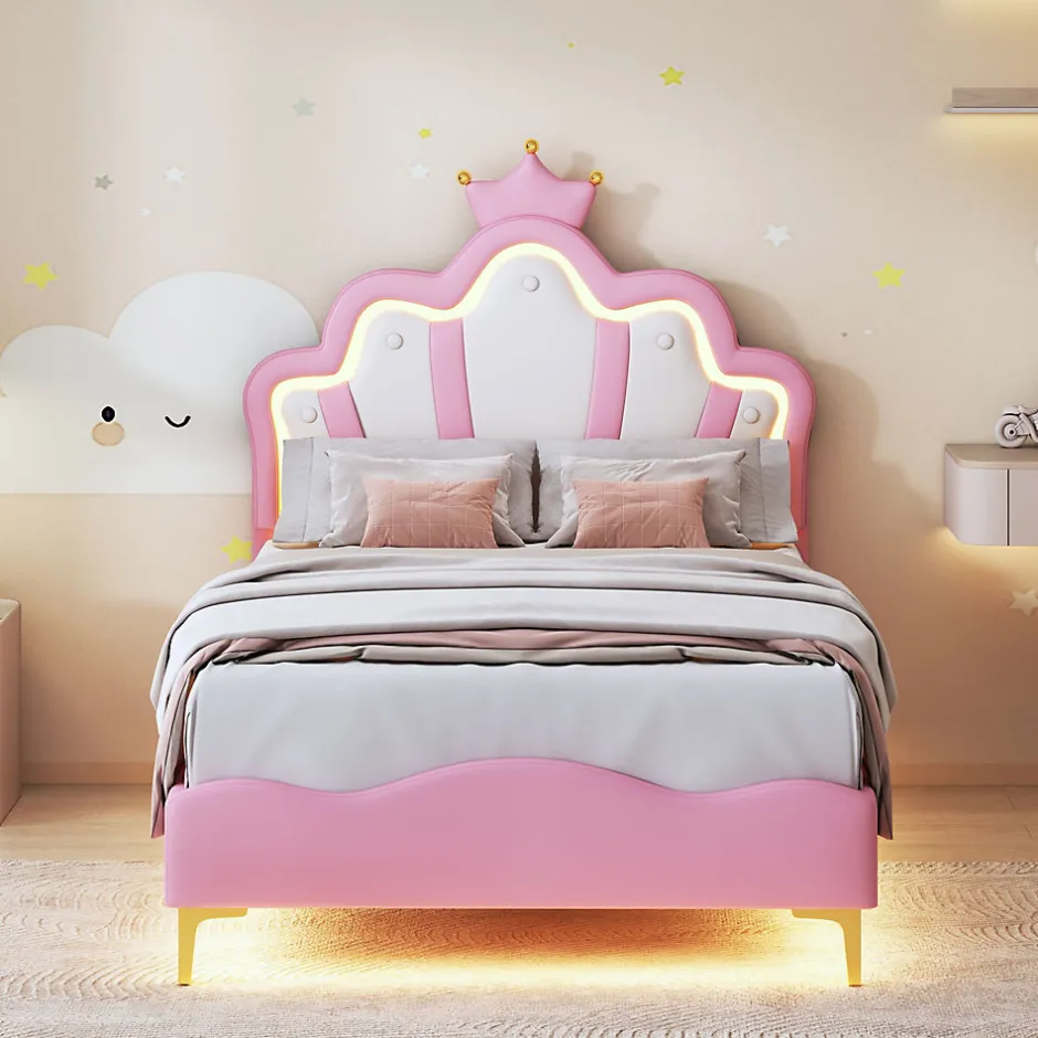 Simple Life Lit Capitonné 90 X 200 Cm,en Forme De Couronne,en Cuir Pu,lit LED Avec Sommier à Lattes,rose