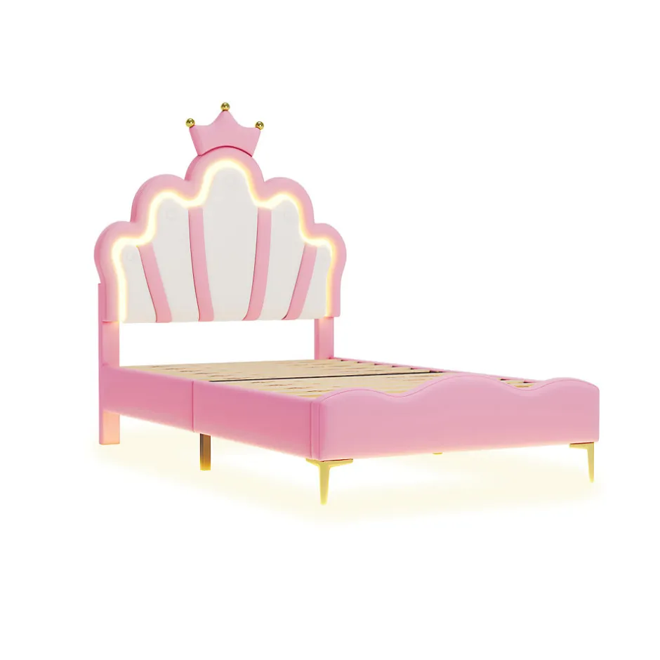 Simple Life Lit Capitonné 90 X 200 Cm,en Forme De Couronne,en Cuir Pu,lit LED Avec Sommier à Lattes,rose