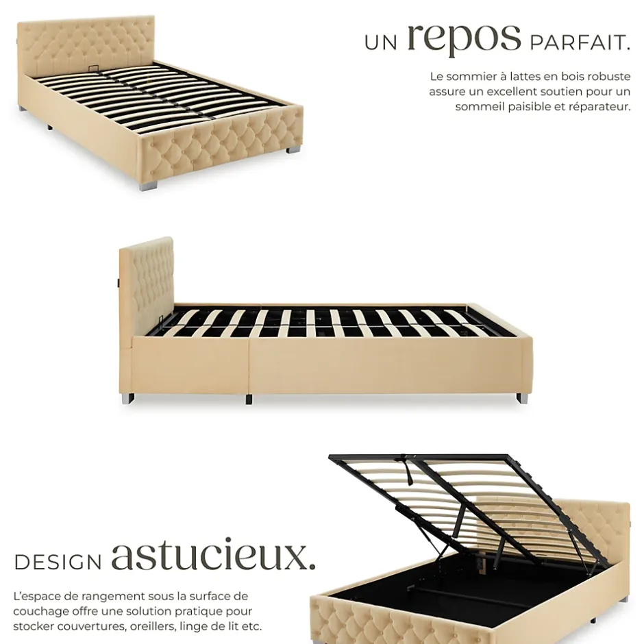 Tectake Lit capitonné avec bandes LED et espace de rangement 140x200 beige Sale