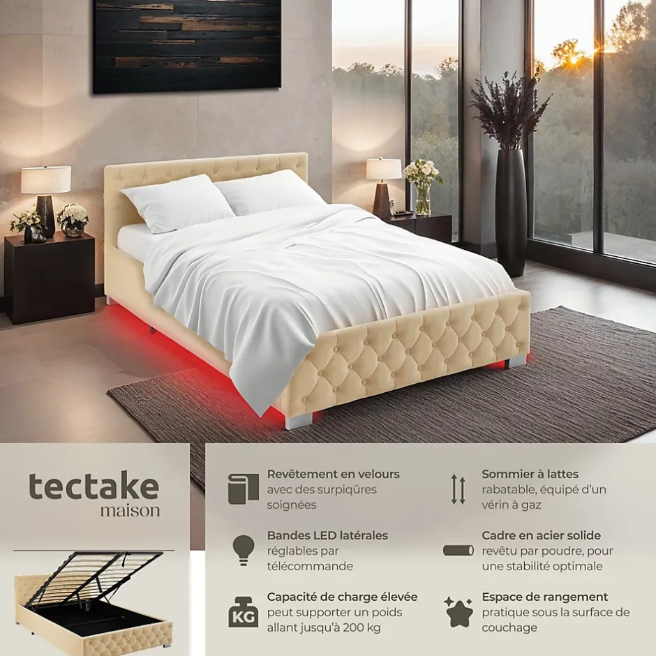 Tectake Lit capitonné avec bandes LED et espace de rangement 140x200 beige Sale